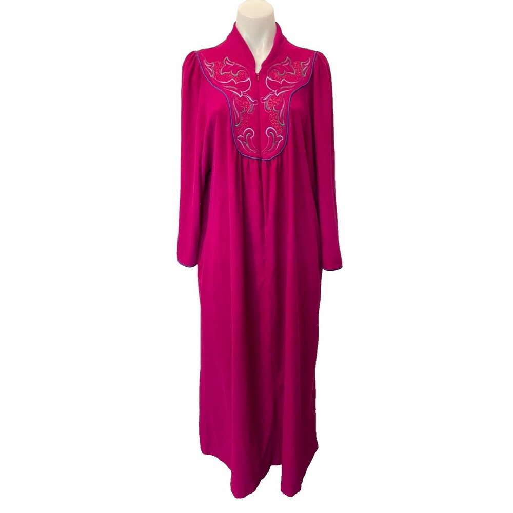 VINTAGE Womens Vanity Fair ROBE Zip Front Velour Maxi Lounge 60s PINK Size L